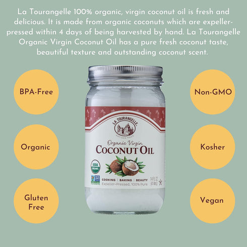14 oz (Packaging La Tourangelle, Organic Virgin Unrefined Coconut Oil, Great for Cooking, Baking, Hair, and Skin Care