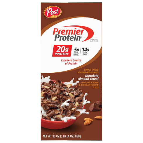 20g 30 OZ Post Premier Protein Chocolate Almond Cereal, Chocolatey Protein Cereal Flakes with Sliced Almonds, Contains