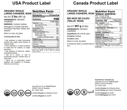 2 W-240, Food to Live Organic Cashews, Pounds Whole, Size Unsalted, Non-GMO, Kosher, Raw, Vegan, Bulk