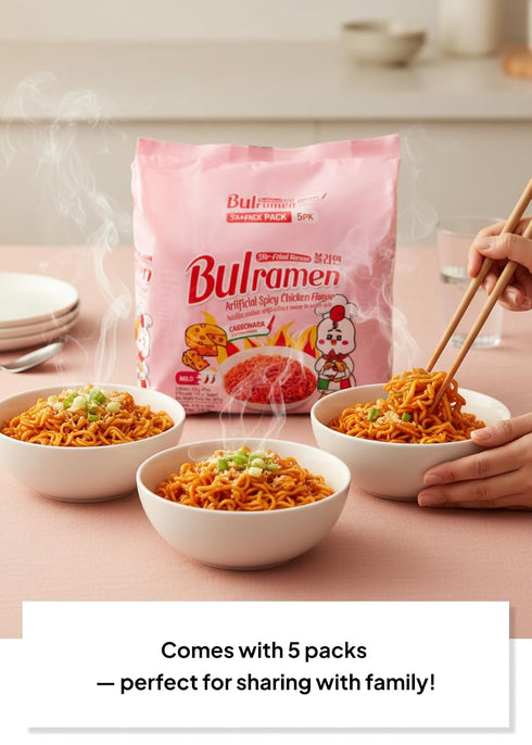 5 Packs (4.76 oz Korean Food Bulramen Stir-Fried Ramen Mild Spicy Carbonara, Artificial Spicy Chicken Flavor, Each)