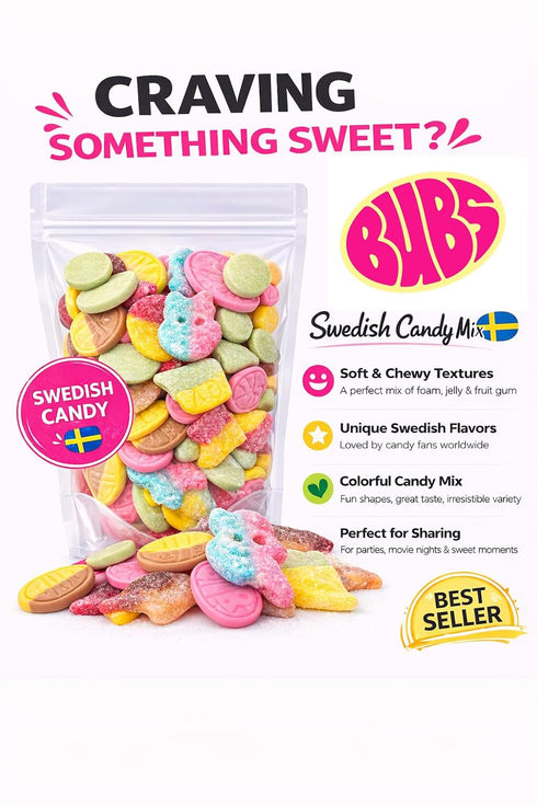 SwediSnax (1.25 LB) Bubs Swedish Candy Mix Fruity, Fizzy, Sour, Dizzy & Sweet