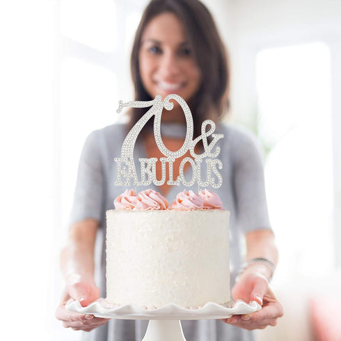 70th Birthday Party Cake Topper - Premium Silver Metal, Sparkly Rhinestone Decoration, 70 and Fabulous, Great