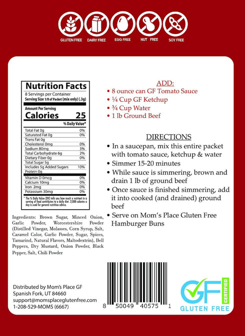 2.3 oz. Mom's Place Gluten-Free Sloppy Joe Seasoning Mix - Soy Free, Dairy Free & Vegan
