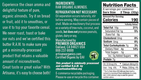 9oz Artisana Organics Raw Almond Butter, | No Sugar Added, No Palm Oil, Vegan, Paleo, and Keto Friendly