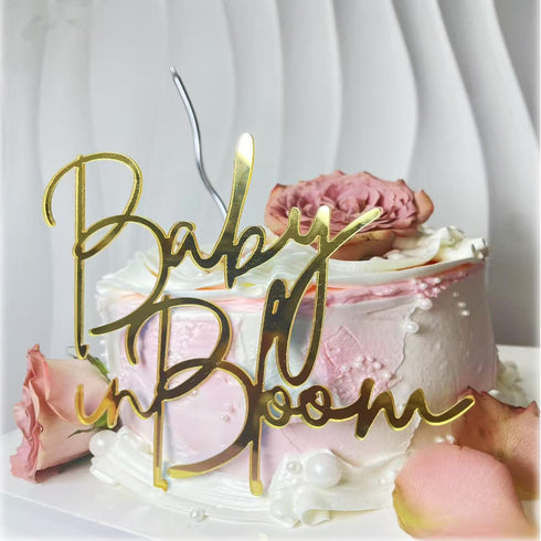 Wkeldr Baby in Bloom Gold Cake Topper,Acrylic Baby shower Cake Side Decorations, Gender Reveal Pregnancy