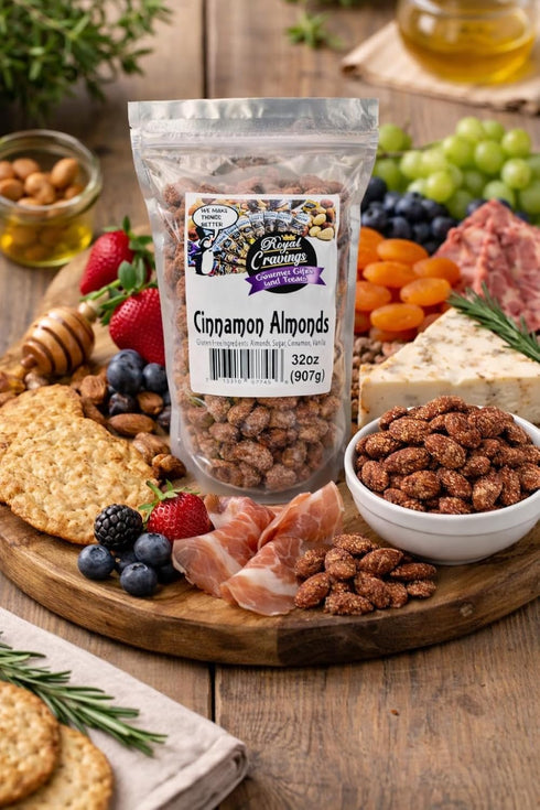 2 lb Royal Cravings - Cinnamon Almonds - Sweet & Salty Crunch Snack for Gifting, Sharing & Dessert Topping - Resealable