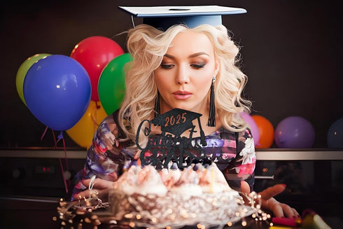 Congrats Grad Cake Topper - Black Glitter 2025 with Graduation Cap - 2025 Graduation Party Decorations