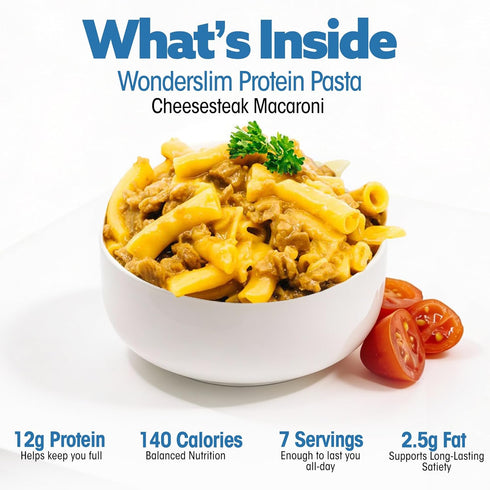 140 12g (7ct) WonderSlim Protein Pasta, Cheese Steak Macaroni, Calories, Protein
