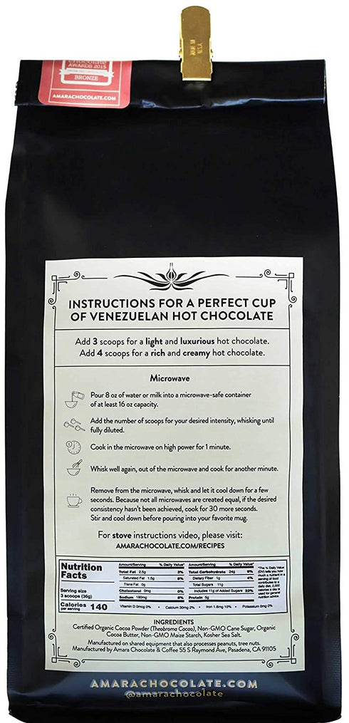 32 oz. Amara Unique Venezuelan Flavors. Hot Chocolate "Gran Criollo" Dark Chocolate Blend Refill Bag Made