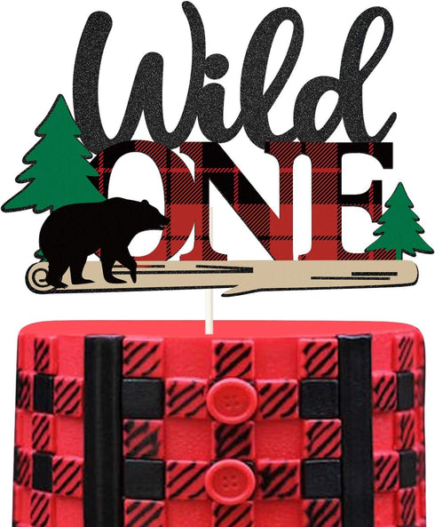 Lumberjack Wild One Cake Topper, Buffalo Plaid Camping Wild Bear 1st Birthday Cake Decor, Baby Birthday Party