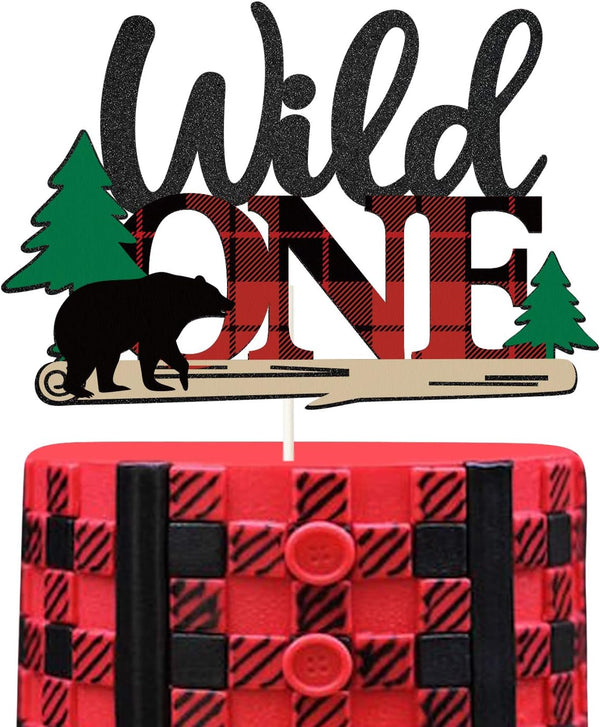 Lumberjack Wild One Cake Topper, Buffalo Plaid Camping Wild Bear 1st Birthday Cake Decor, Baby Birthday Party
