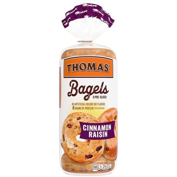 THOMAS' Cinnamon Raisin Bagels, 6 count, (3.0 oz each), 8g Protein, Kosher Bagels,