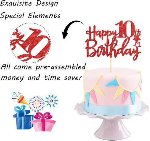 Red Glitter Happy 10th Birthday Cake Topper, Cheers to 10 Years Party Supplies, 10th Birthday Decorations