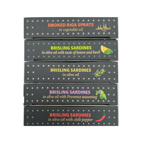 Pack 5 4.2 oz Packed Grilled Catch - Canned Sardines Variety Flavor Sampler European Wild Caught Brisling Sardines