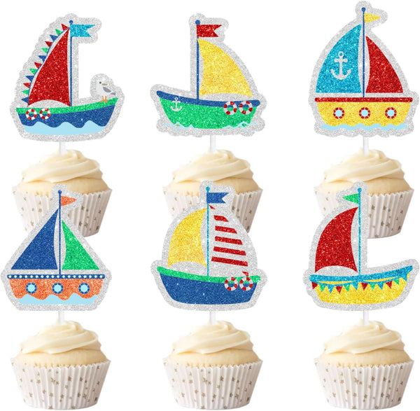 SugarGera Set of 18 sailboat cupcake toppers-with a nautical theme Dessert Decorations for