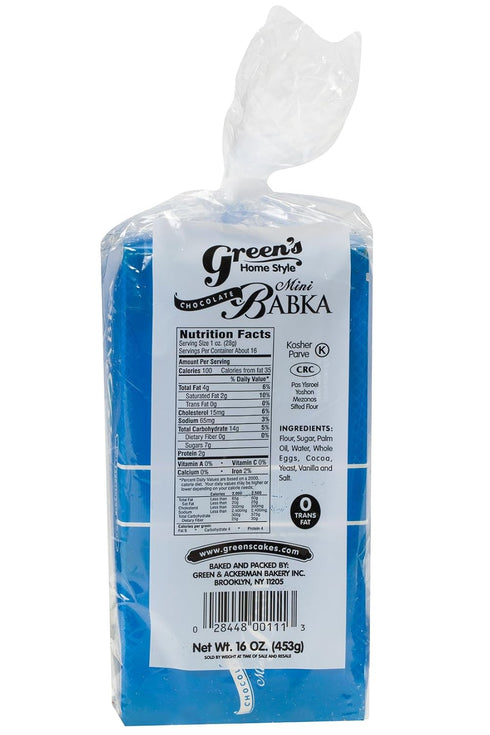 16 oz. Green's Bakery Mini Chocolate Babka Sweet Yeast Kosher Cake
