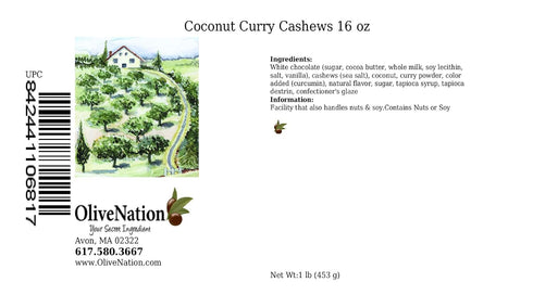 16 OliveNation Coconut Curry Cashews, Dry Roasted Cashew Nuts in White Chocolate, Coconut, and Curry Coating - ounces