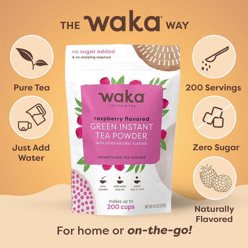100% 200 (4.5oz) Waka Instant Green Tea Mix, Raspberry Flavored - Tea Leaves, No Additives, Unsweetened Tea Powder