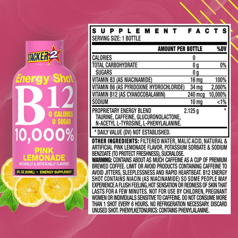 2 B12 2oz (Pack 24) Stacker Pink Lemonade Energy Shot