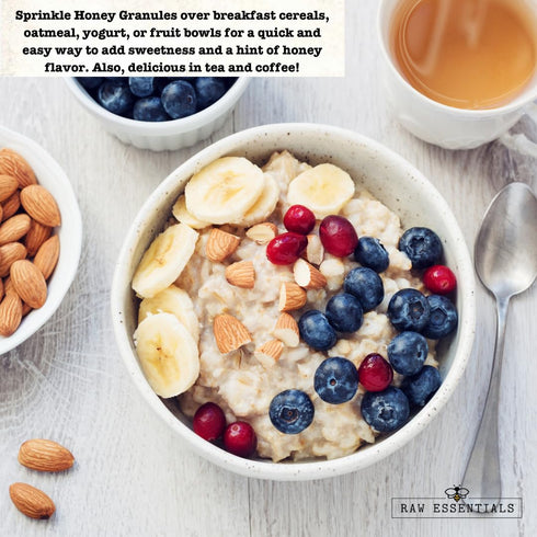 9 Raw Essentials Honey Granules Natural Sweetness for Oatmeal, Yogurt, Beverages, and Desserts Non-GMO and Gluten-Free