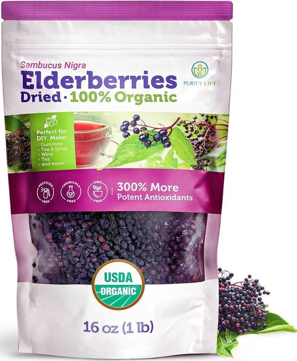 Certified USDA - 100% Organic Dried Elderberries - 1lb Bulk - Non-Irradiated,