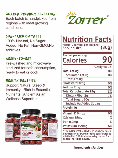13OZ Zorrer Jujube Pitted Dates, Jar Premium Jujube Pitted Dates, Sun Dried Dates Fruit Snacks, Chinese Red Dates ()