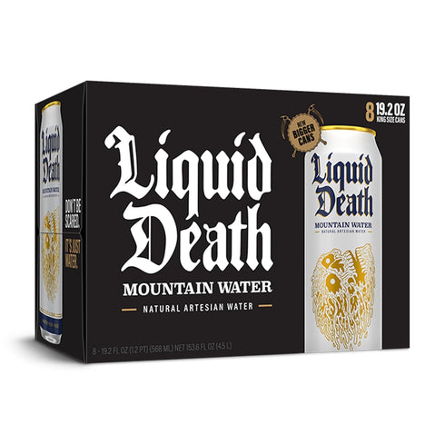 8-Pack (19.2oz Liquid Death, Still Mountain Water, Cans), Real Mountain Source, Infinitely Recyclable Ice-Cold Cans