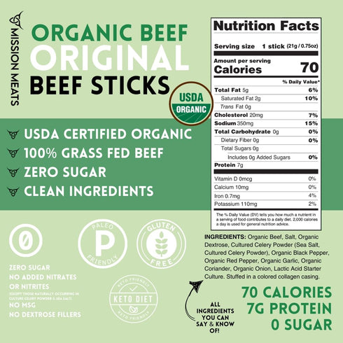 0.75oz (12ct) Mission Meats Organic Beef Sticks Grass Fed & Pasture-Raised, Zero Sugar, Non-GMO, Healthy Organic
