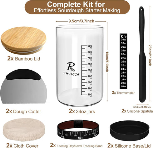 RMRICCA 34oz Pro Sourdough Starter Jar Glass Large Capacity wreck jars with glass lid, Fermenters Tool for Home Bakers