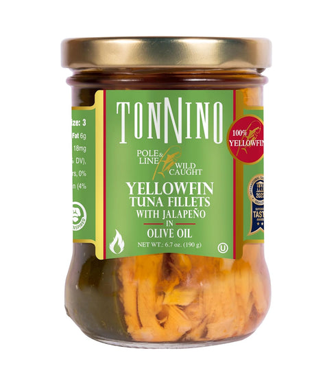 Pack 6 Tonnino Tuna Fish Yellowfin Pole&Line - Jalapeno in Olive Oil of Alternative to Salmon Protein Snacks Ready