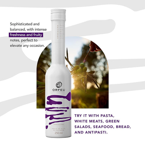 8.45 oz ORFEU - Arbequina Olive Oil Extra Virgin - Banana, Pear, and Kiwi Sensory Notes - Gluten Free, Low Acidity