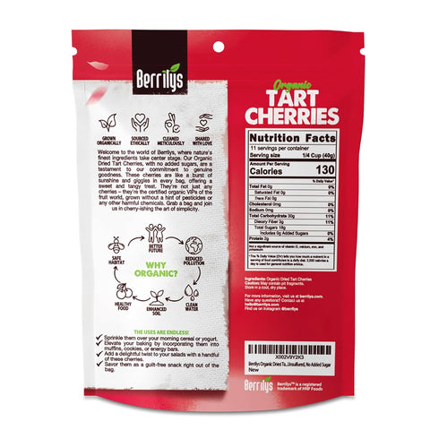 1 lb, (16 oz) Berrilys Organic Unsweetened Dried Tart Cherries - No Sugar Added, Perfect for Baking, Snacking & Salads
