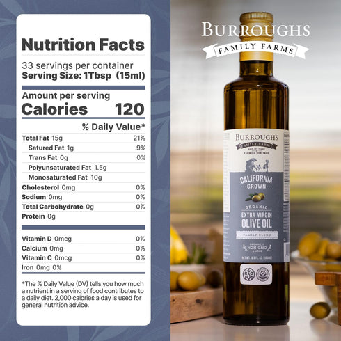 500ml (16.9 oz) Burroughs Family Farms Premium Organic Extra Virgin Olive Oil Cold-Pressed California EVOO, Polyphenol