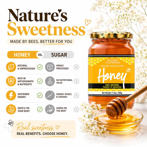17.6 oz (500g) (100% Nature's Goodness Golden Wildflower Honey In Glass Jar - Natural, Gluten Free and Non-GMO)