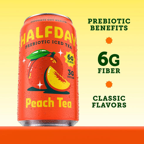 6g 3g 35 12 oz (12 pack) HALFDAY Prebiotic Peach Iced Tea Cans, Supports Digestive & Gut Health, Plant Fiber