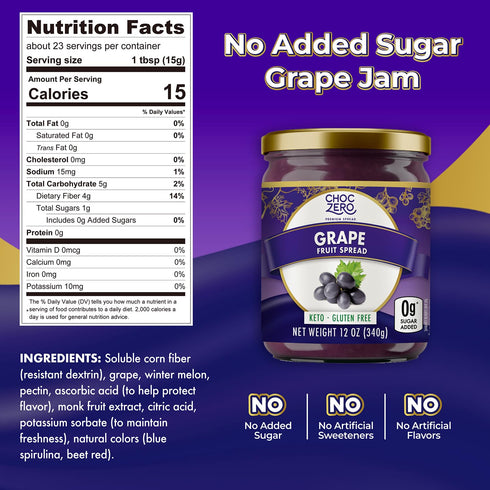 12 (Pack 1) ChocZero Keto Grape Jam, No Added Sugar Fruit Spread Preserves, Concord Jelly, Great Source of Fiber