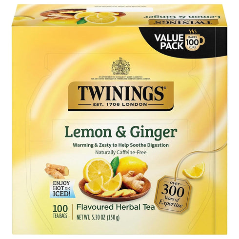 Twinings Lemon & Ginger Herbal Tea Individually Wrapped Bags, 100 Count (Pack