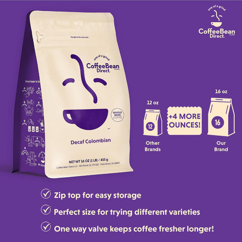 1 (Pack 1) Coffee Bean Direct Decaf Colombian, Whole Bean Coffee, Arabica Coffee, Light Roast, Pound Bag