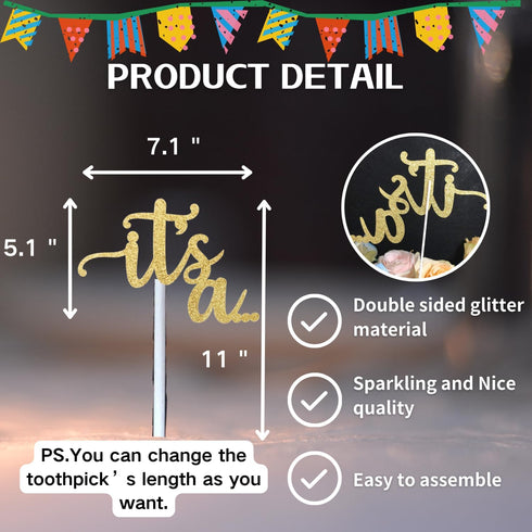 ALISSAR Glitter Double Sided Gold Gender Reveal Cake Topper, Baby Reveal Party Decorations