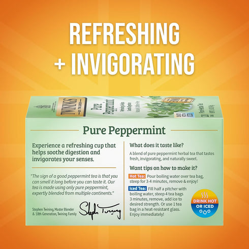 20 Count (Pack 1), 20 Twinings Pure Peppermint Herbal Tea Individually Wrapped Bags, of Fresh Minty Flavour, Naturally