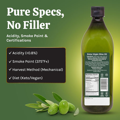 1L Agrosevilla Cold Pressed Extra Virgin Olive Oil, Spanish EVOO, Non GMO EVOO for Cooking, Dressing & Finishing