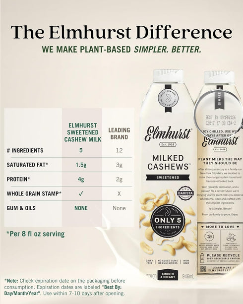 1925 32 (Pack 6) Elmhurst Sweetened Cashew Milk - Ounce of Dairy-Free, Vegan, Kosher, Gluten-Free, Shelf Stable Plant
