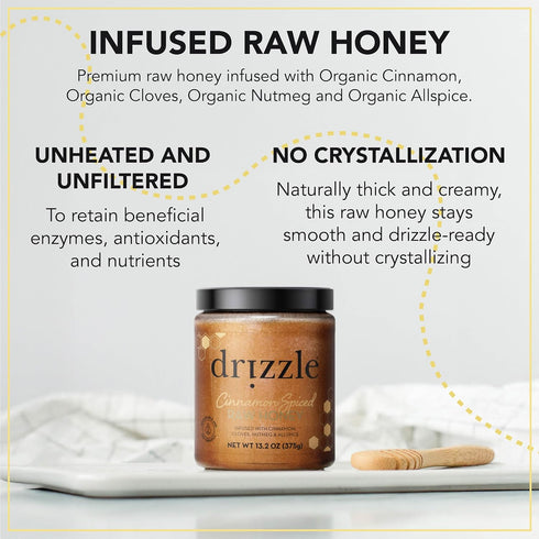 13.2 oz (375 Drizzle Cinnamon Spiced Raw Honey - All Natural Pure Raw Honey with Organic Cinnamon, Unfiltered