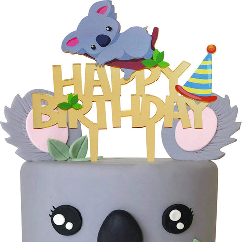 Gold Acrylic Koala Happy Birthday Cake Topper for Koala Theme Birthday Party Supplies