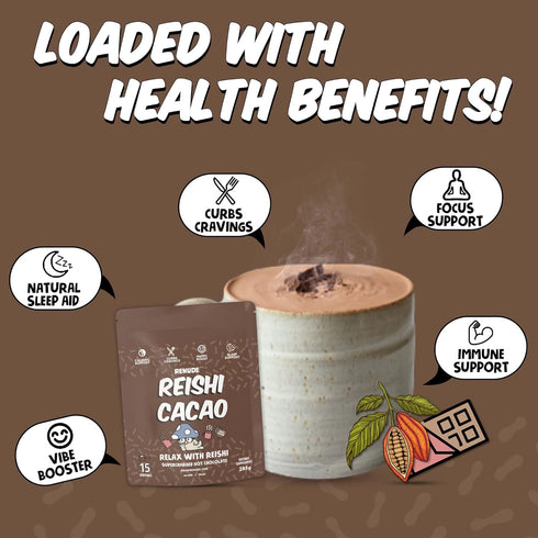 15 Renude Reishi Cacao Mushroom Hot Chocolate - Calming Natural Sleep Drink - Relaxing Magnesium Hot Cocoa with Organic