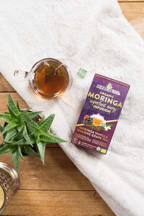 Miracle Tree's Moringa Energy Tea, Vanilla Oolong Grape, Organic Certified Healthy Coffee Alternative, 16 Pyramid