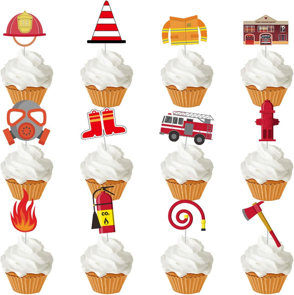 24 Pack Fireman Firefighter Cupcake Toppers - Fire Truck and Fire Extinguishing Cupcake Toppers for Birthday Party