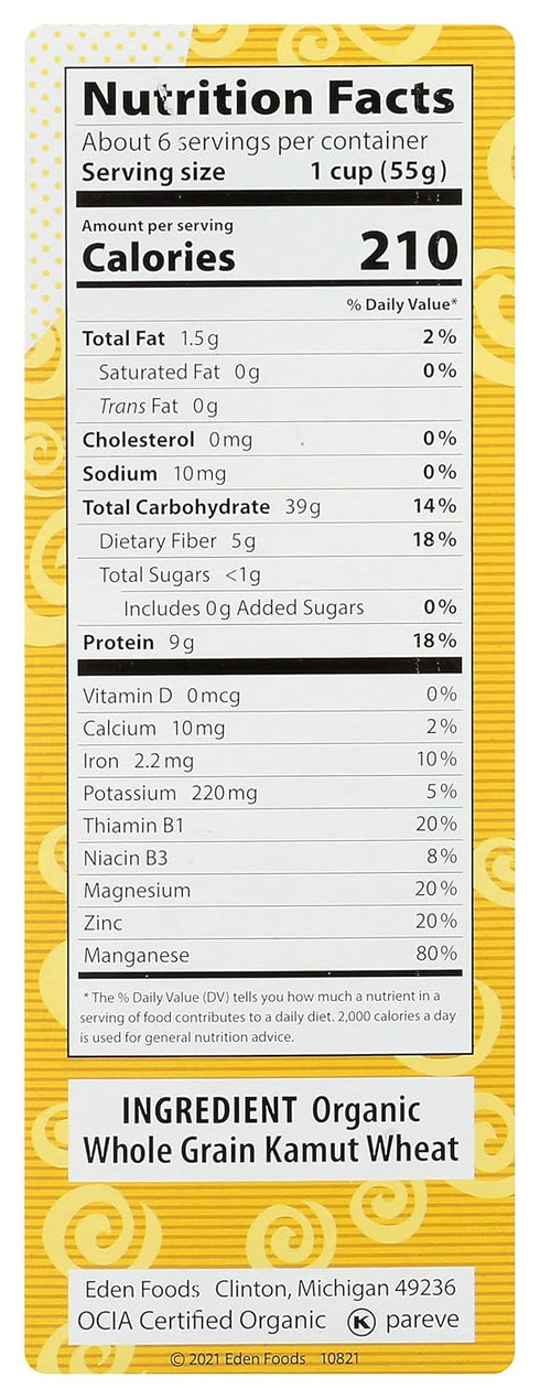 12 oz, 100% Eden Organic Kamut Spirals, Whole Grain, Fusilli, Macaroni Cut, Non-GMO