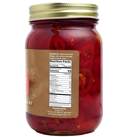 Green Jay Gourmet Pickled Candied Red Jalapeños in a Jar - Fresh Hand Jarred Vegetables for Cooking & Pantry – Pre-Prepared Pickled Red Candied Jalapeños – Simple Natural Ingredients - 16 Ounces