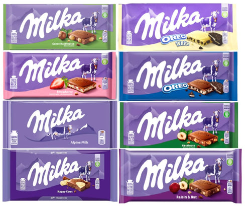 Milka European Chocolate Bars Variety Pack of 8 Full Size Bars, No